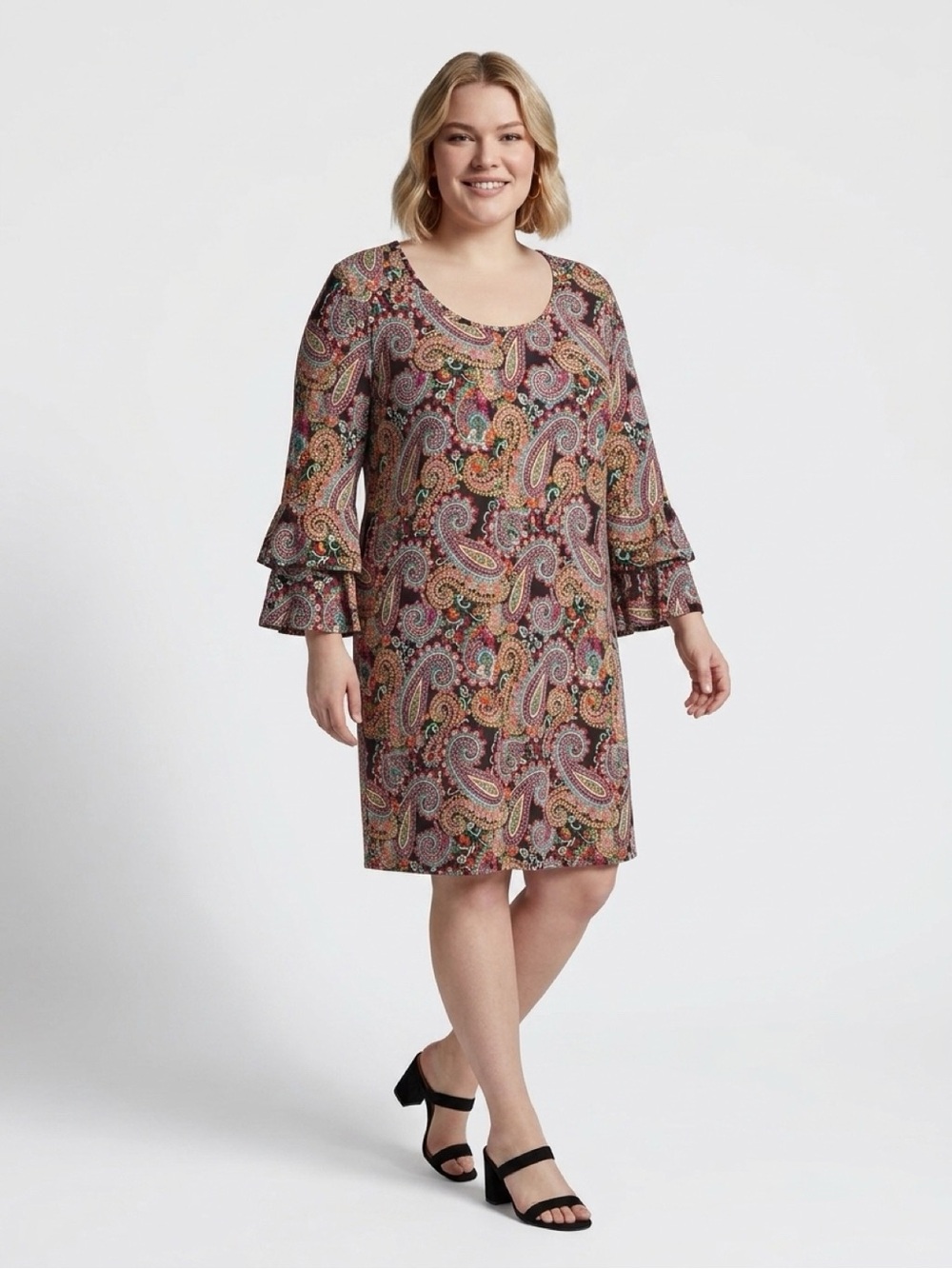 Tacera Paisley Scoop-Neck Tiered Bell-Sleeve Dress in Multi